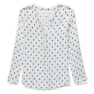 New Old Navy White Blue Boho Tunic Top Loose Fit Long Sleeve Henley Blouse XS